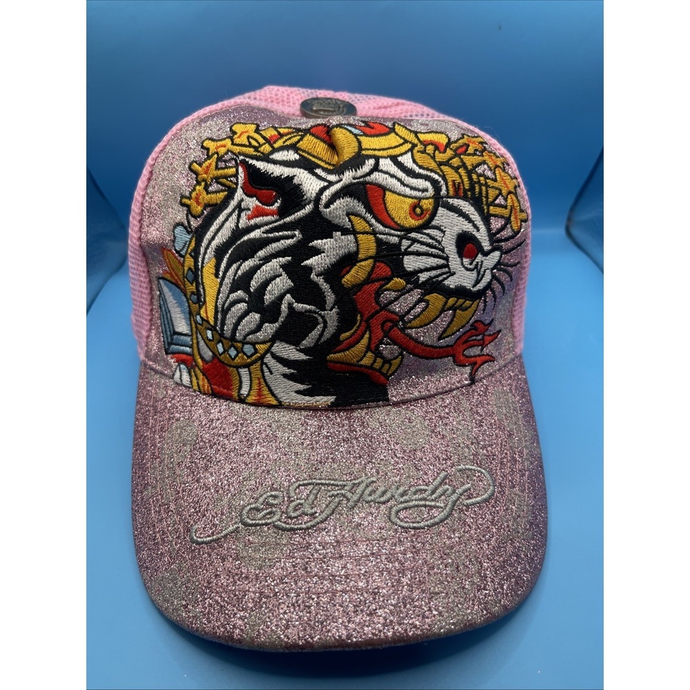Pink Glitter Ed Hardy Tiger Hat Women's Y2K Adjustable